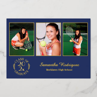 Custom 3 Photo Graduation Party Blue and Gold Foil Invitation