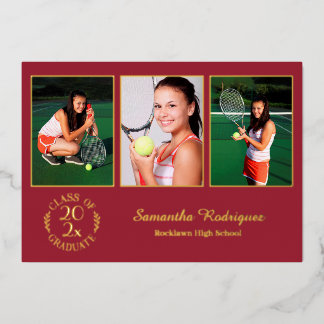 Custom 3 Photo Graduation Party Maroon and Gold Foil Invitation