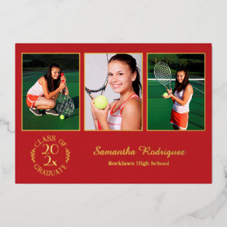 Custom 3 Photo Graduation Party Red and Gold Foil Invitation