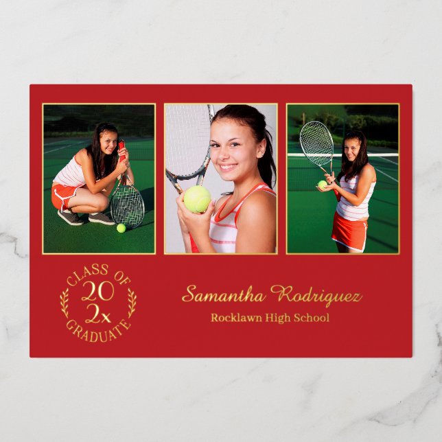Custom 3 Photo Graduation Party Red and Gold Foil Invitation (Front)