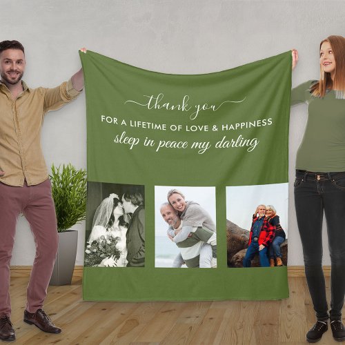Custom 3 Photo Grid In Loving Memory Olive Green Fleece Blanket
