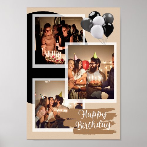Custom 3 Photo Happy Birthday Collage  Poster