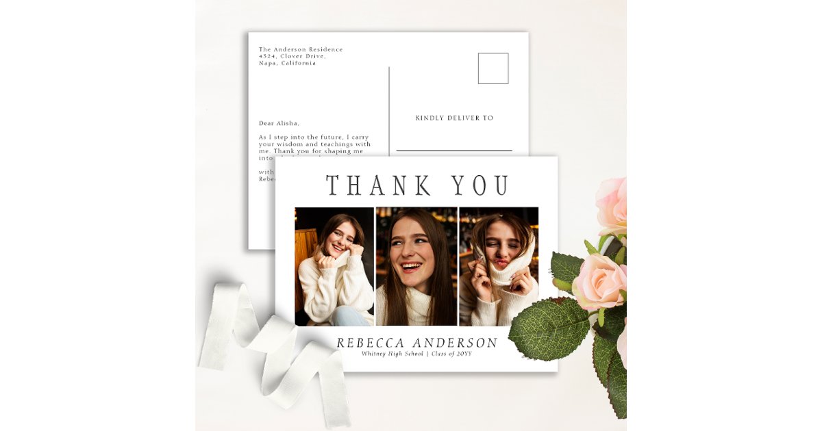 Custom 3 Photo Minimalist Graduation Thank You Postcard | Zazzle