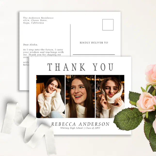 Custom 3 Photo Minimalist Graduation Thank You Postcard | Zazzle