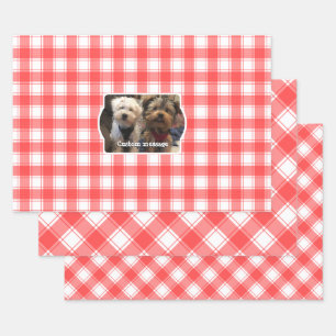 Custom 3 Photo Red & White Country Farmhouse Plaid Wrapping Paper Sheets