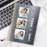 Custom 3-Photo Silver Brushed Metal 2025 Planner<br><div class="desc">Easily customize this modern planner by replacing the three sample images with your favorite square photos. Add your name or monogram initials and the year in chunky white typography on a silver faux brushed metal background.</div>