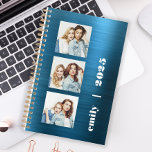 Custom 3-Photo Teal Blue Brushed Metal 2025 Planner<br><div class="desc">Easily customize this modern planner by replacing the three sample images with your favorite square photos. Add your name or monogram initials and the year in chunky white typography on a teal blue faux brushed metal background.</div>