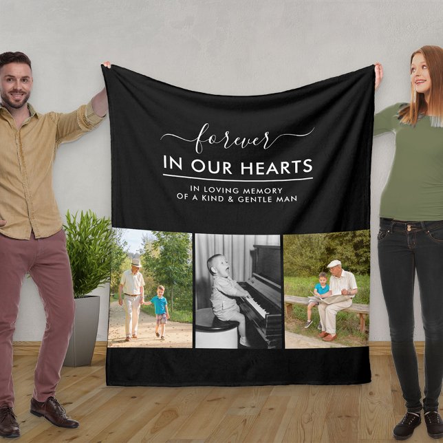 Custom 3 Photo White In Loving Memory Black Fleece Blanket (Creator Uploaded)