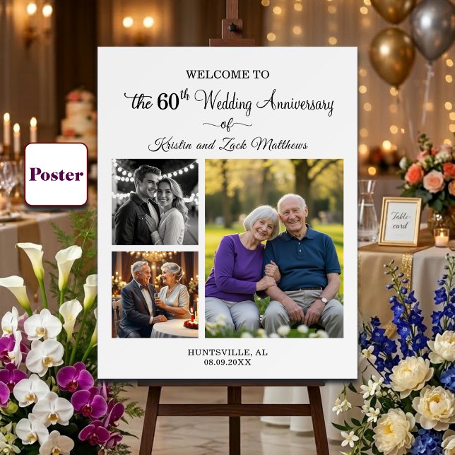 Custom 3 Photos 60th Wedding Anniversary Welcome Poster (Creator Uploaded)