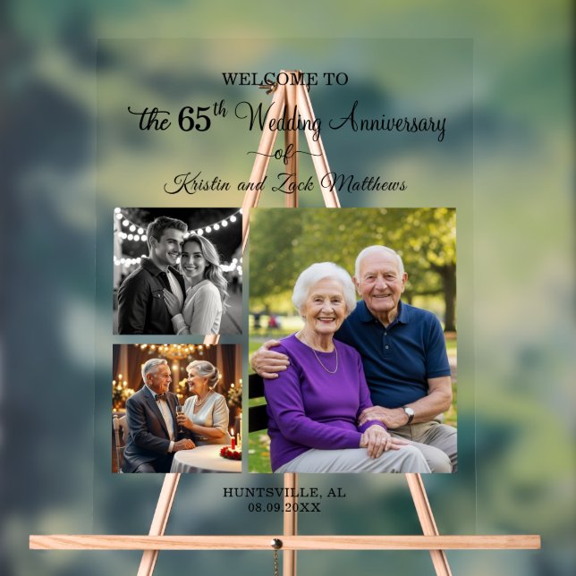 Custom 3 Photos 65th Wedding Anniversary Welcome Acrylic Sign (Neutral)