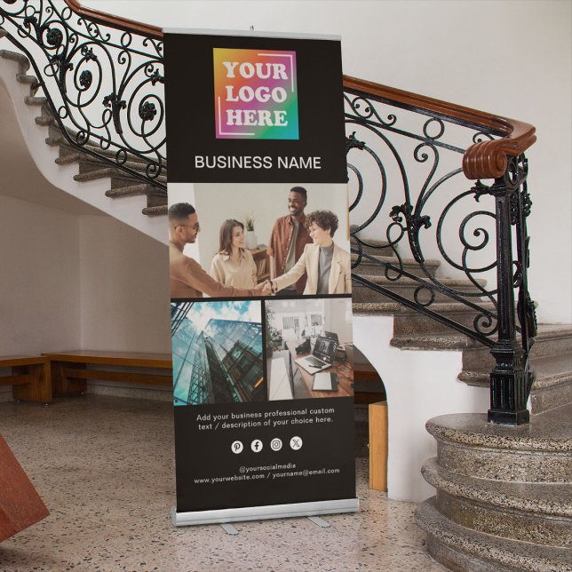 Custom 3 Photos Business Logo & Social Media Text  Retractable Banner (Creator Uploaded)