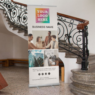 Custom 3 Photos Business Logo & Social Media Text  Retractable Banner