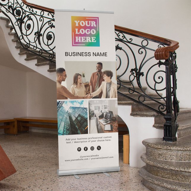 Custom 3 Photos Business Logo & Social Media Text  Retractable Banner (Creator Uploaded)