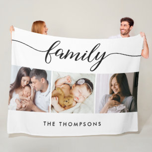 Custom 3 Photos Modern Script Family Name Fleece Blanket