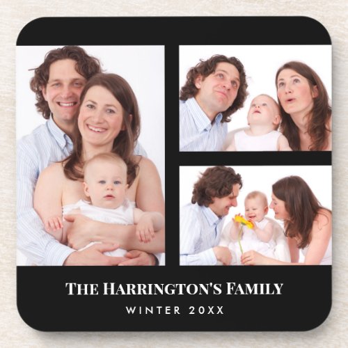 Custom 3 Sections Family Photo Collage Black Frame Beverage Coaster