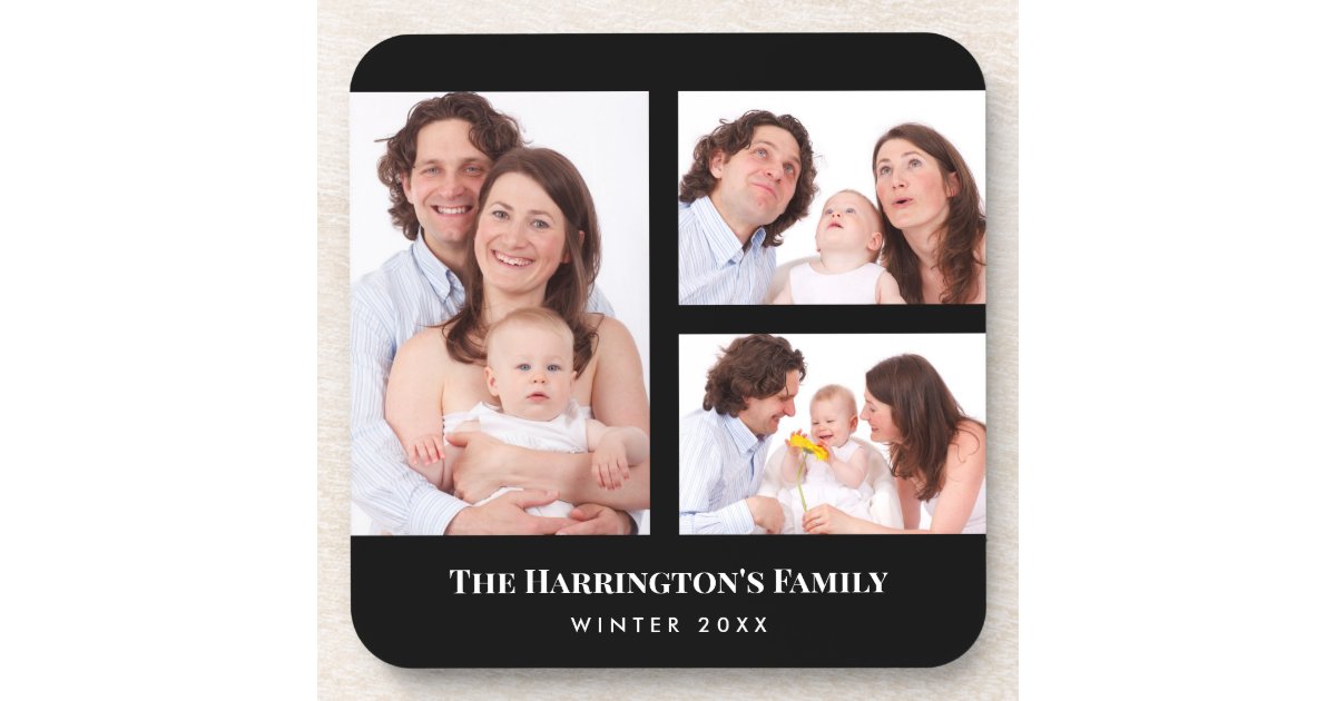 Custom 3 Sections Family Photo Collage Black Frame Beverage Coaster