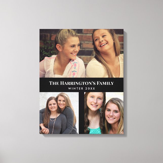 Custom 3 Sections Family Photo Collage Black Frame Canvas Print (Front)