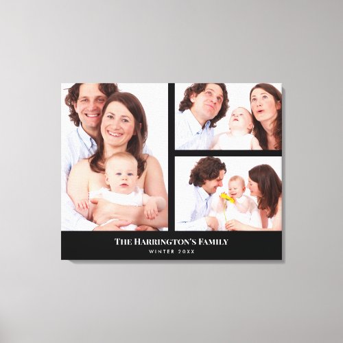 Custom 3 Sections Family Photo Collage Black Frame Canvas Print