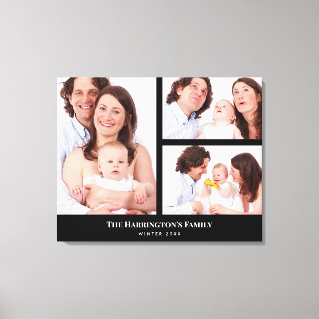 Custom 3 Sections Family Photo Collage Black Frame Canvas Print (Front)