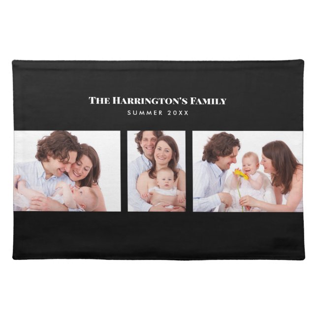 Custom 3 Sections Family Photo Collage Black Frame Cloth Placemat (Front)