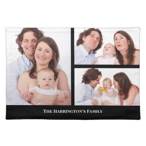 Custom 3 Sections Family Photo Collage Black Frame Cloth Placemat
