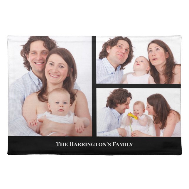 Custom 3 Sections Family Photo Collage Black Frame Cloth Placemat (Front)
