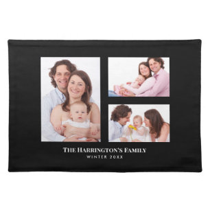 Custom 3 Sections Family Photo Collage Black Frame Cloth Placemat