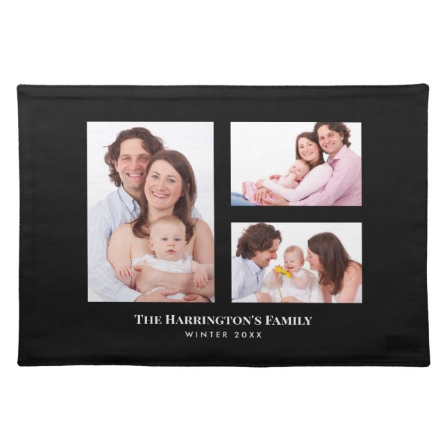 Custom 3 Sections Family Photo Collage Black Frame Cloth Placemat (Front)