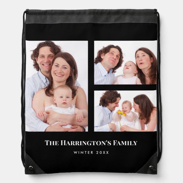 Custom 3 Sections Family Photo Collage Black Frame Drawstring Bag (Front)