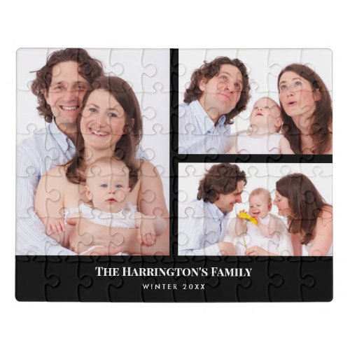 Custom 3 Sections Family Photo Collage Black Frame Jigsaw Puzzle