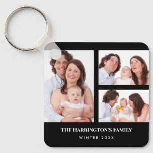 Custom 3 Sections Family Photo Collage Black Frame Keychain