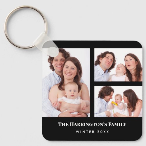 Custom 3 Sections Family Photo Collage Black Frame Keychain