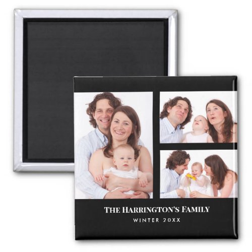Custom 3 Sections Family Photo Collage Black Frame Magnet