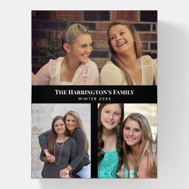 Custom 3 Sections Family Photo Collage Black Frame Paperweight (Vertical)