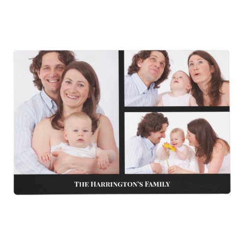 Custom 3 Sections Family Photo Collage Black Frame Placemat