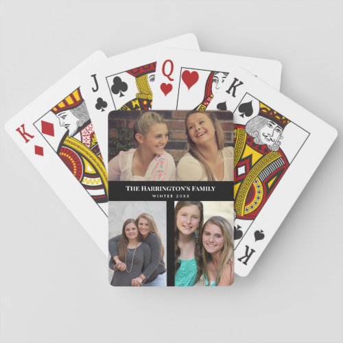 Custom 3 Sections Family Photo Collage Black Frame Poker Cards