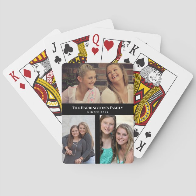Custom 3 Sections Family Photo Collage Black Frame Poker Cards (Back)