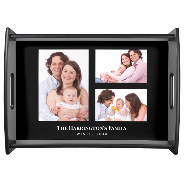 Custom 3 Sections Family Photo Collage Black Frame Serving Tray (Front)