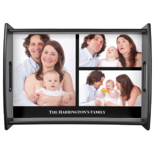 Custom 3 Sections Family Photo Collage Black Frame Serving Tray