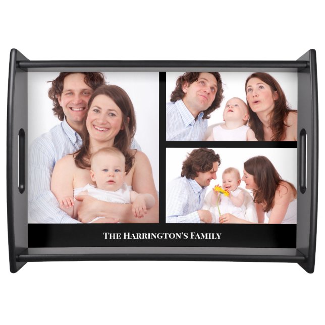 Custom 3 Sections Family Photo Collage Black Frame Serving Tray (Front)