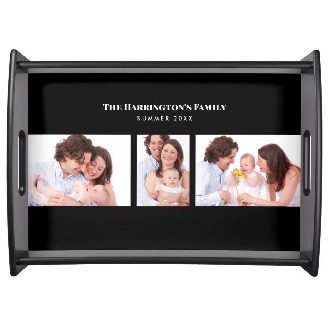 Custom 3 Sections Family Photo Collage Black Frame Serving Tray (Front)