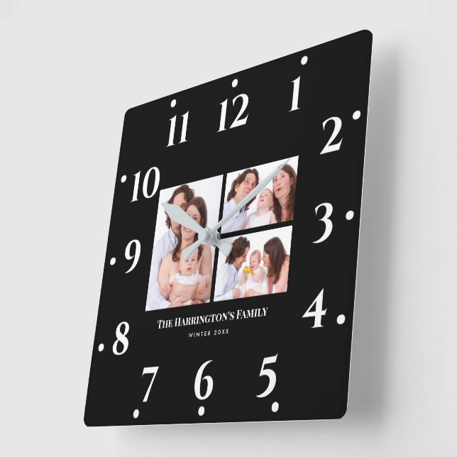 Custom 3 Sections Family Photo Collage Black Frame Square Wall Clock (Angle)