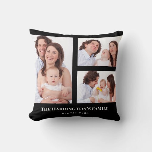 Custom 3 Sections Family Photo Collage Black Frame Throw Pillow
