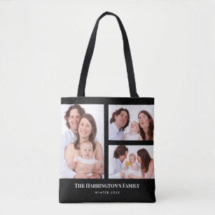 Custom 3 Sections Family Photo Collage Black Frame Tote Bag
