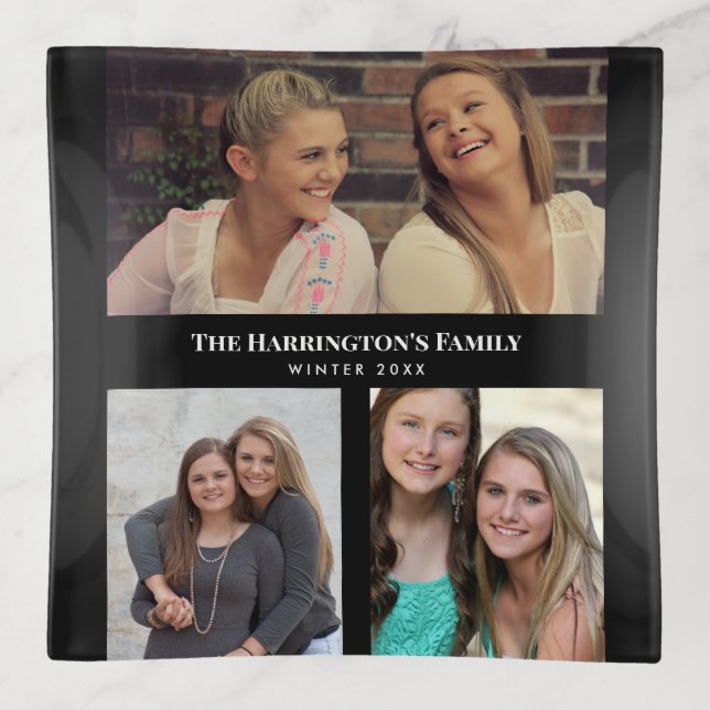 Custom 3 Sections Family Photo Collage Black Frame Trinket Tray (Front)