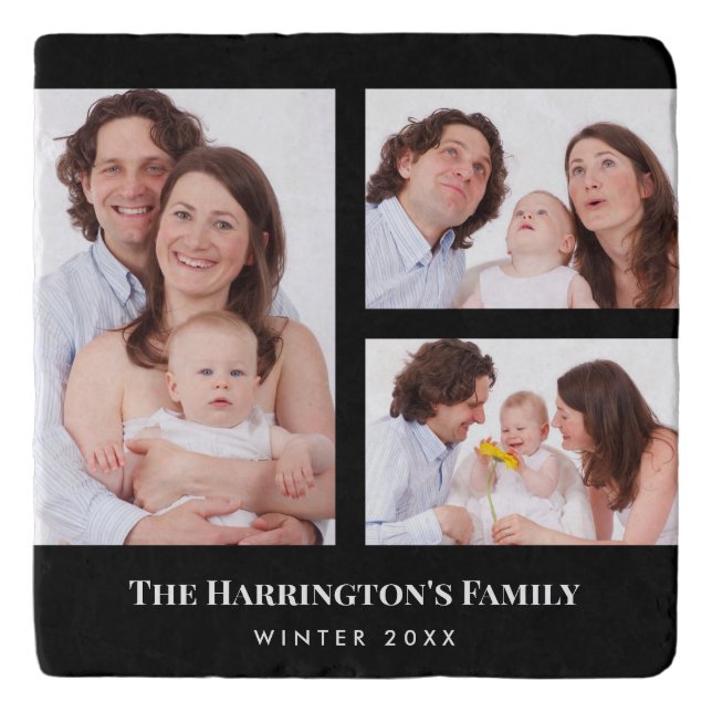 Custom 3 Sections Family Photo Collage Black Frame Trivet (Front)