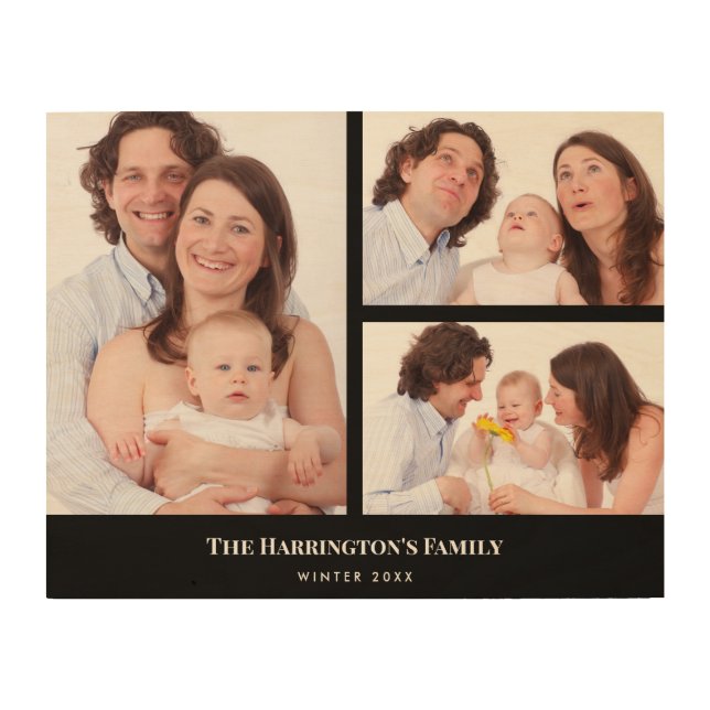 Custom 3 Sections Family Photo Collage Black Frame Wood Wall Art (Front)