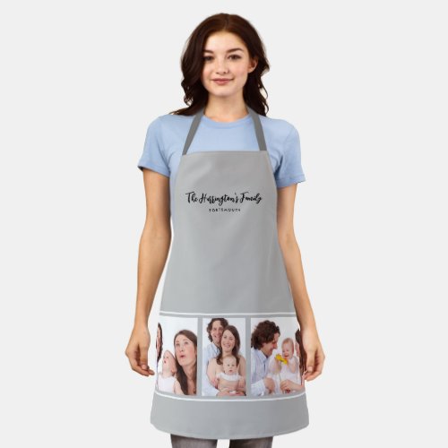 Custom 3 Sections Family Photo Collage Grey Frame Apron