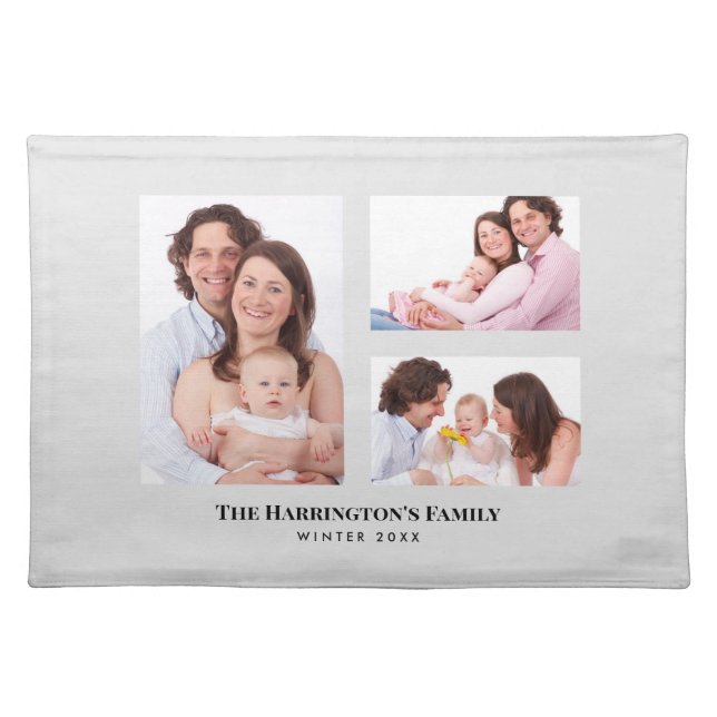 Custom 3 Sections Family Photo Collage Grey Frame Cloth Placemat (Front)