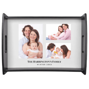 Custom 3 Sections Family Photo Collage Grey Frame Serving Tray